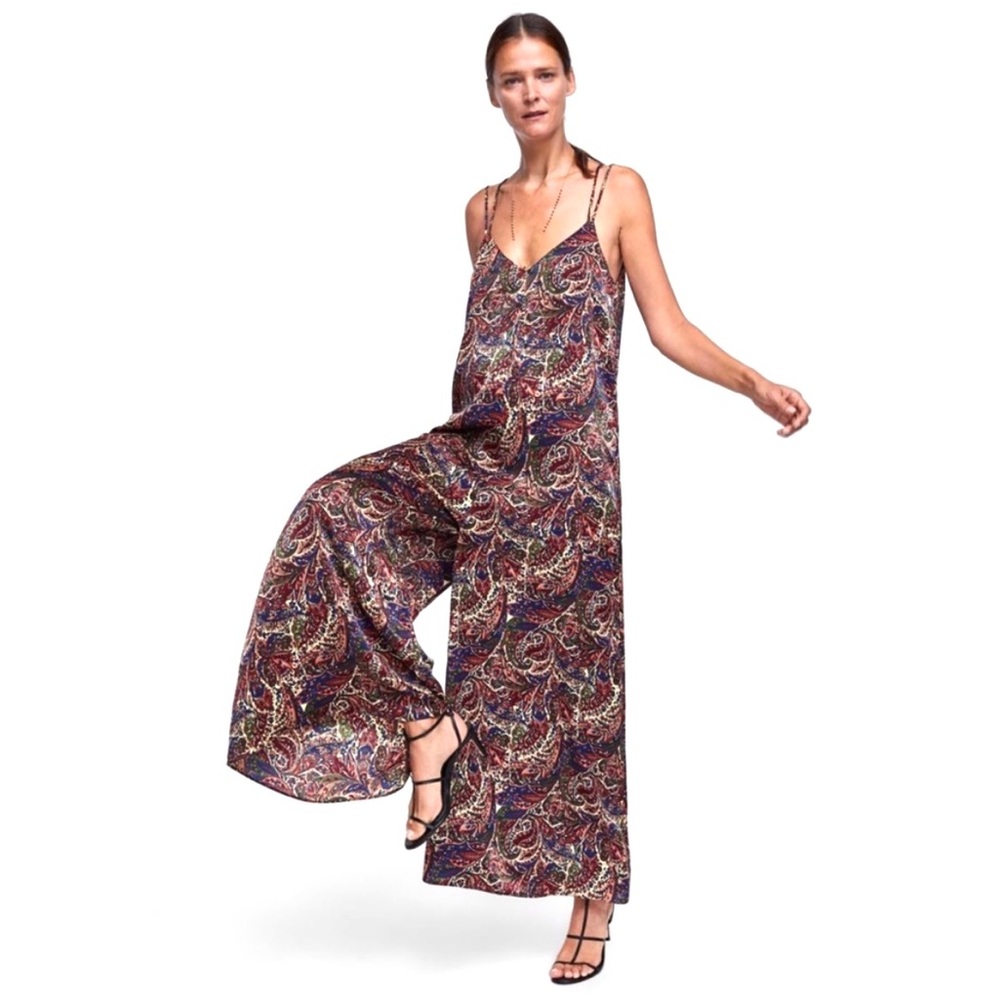 Zara • RARE Paisley Wide Leg Silky Jumpsuit Overall Playsuit Size M